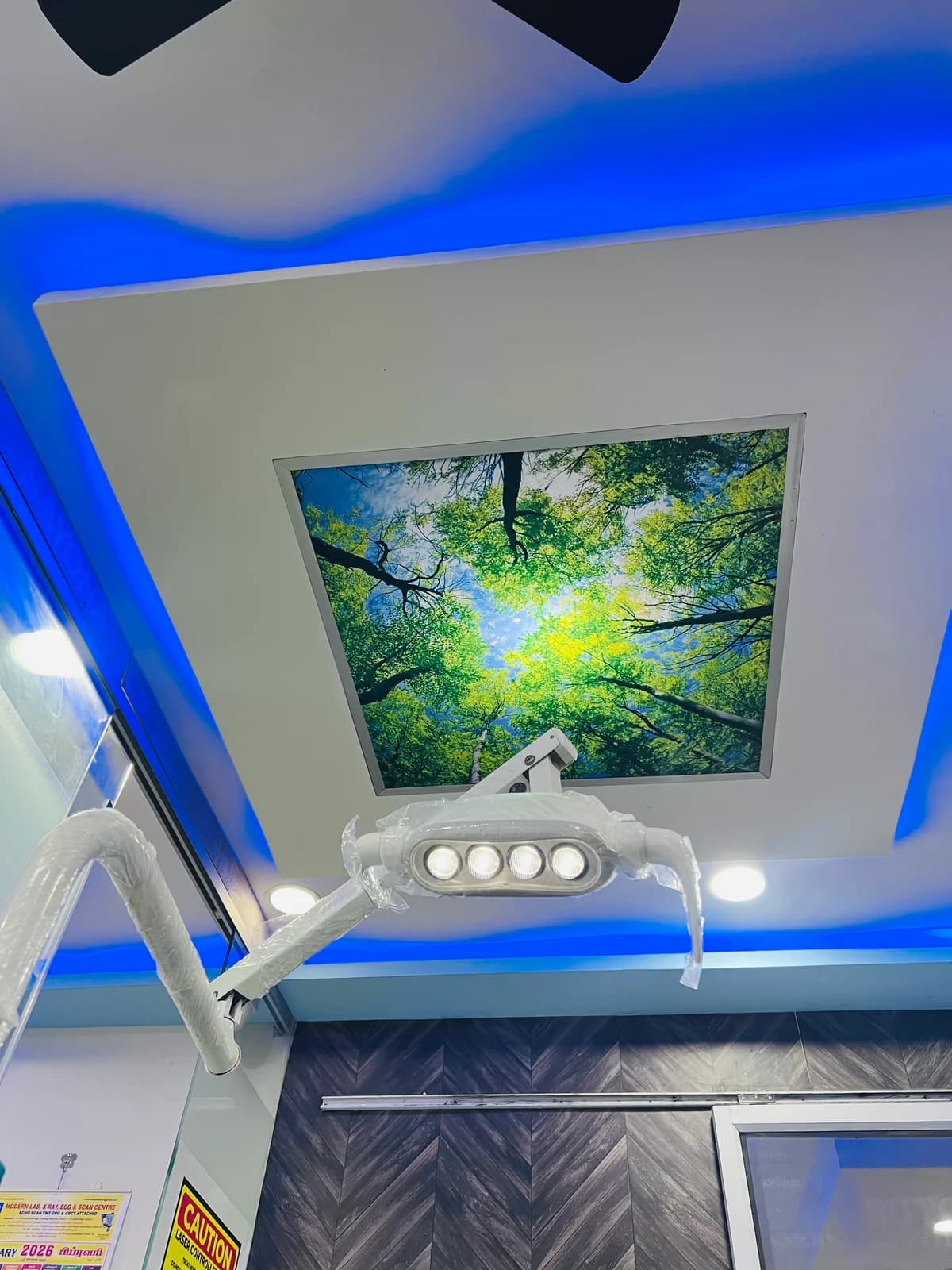 Treatment room with nature-themed ceiling